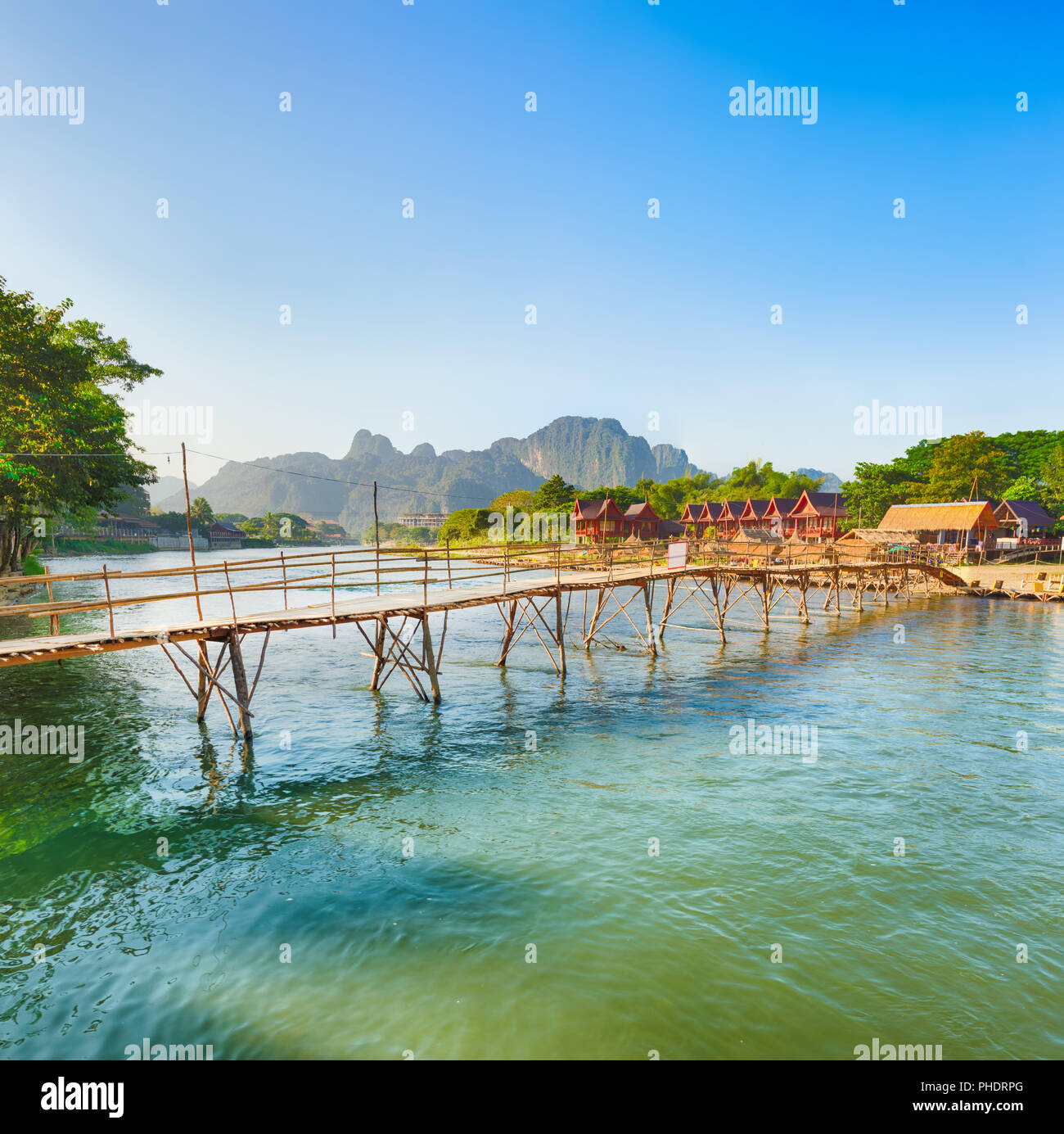 Beautiful view of a bamboo bridge. Laos landscape. Stock Photo