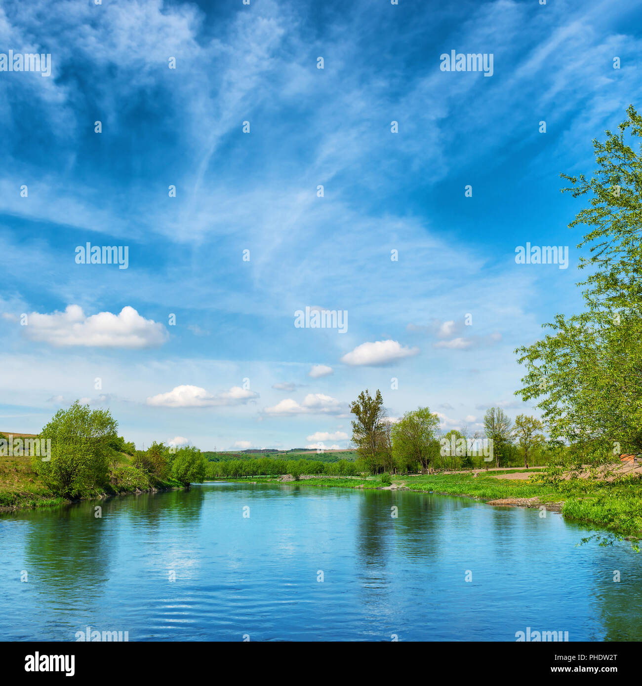 View to river banks with green trees Stock Photo