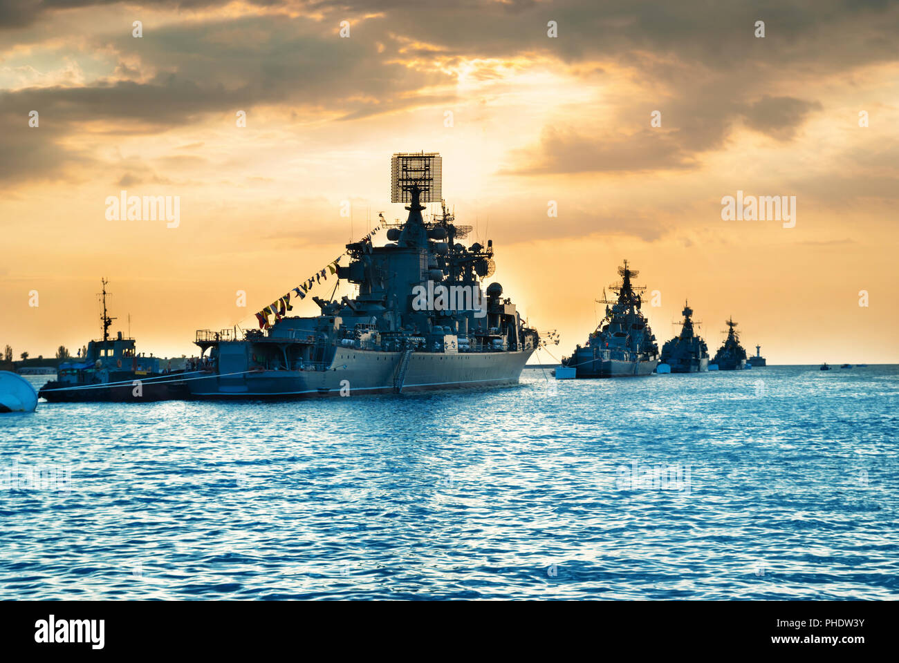 Military navy ships in a sea bay Stock Photo