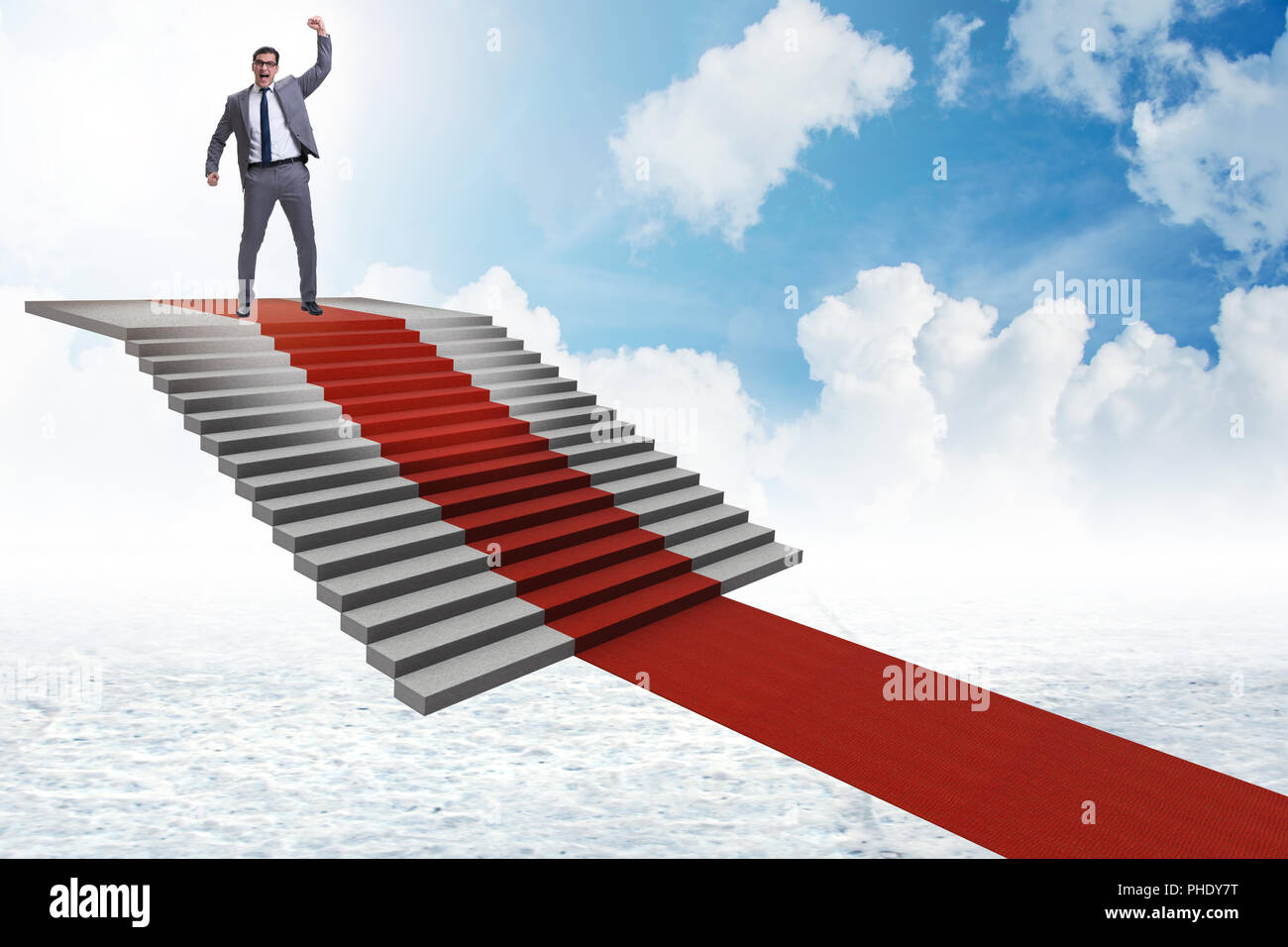 Young businessman climbing stairs and red carpet into sky Stock Photo ...