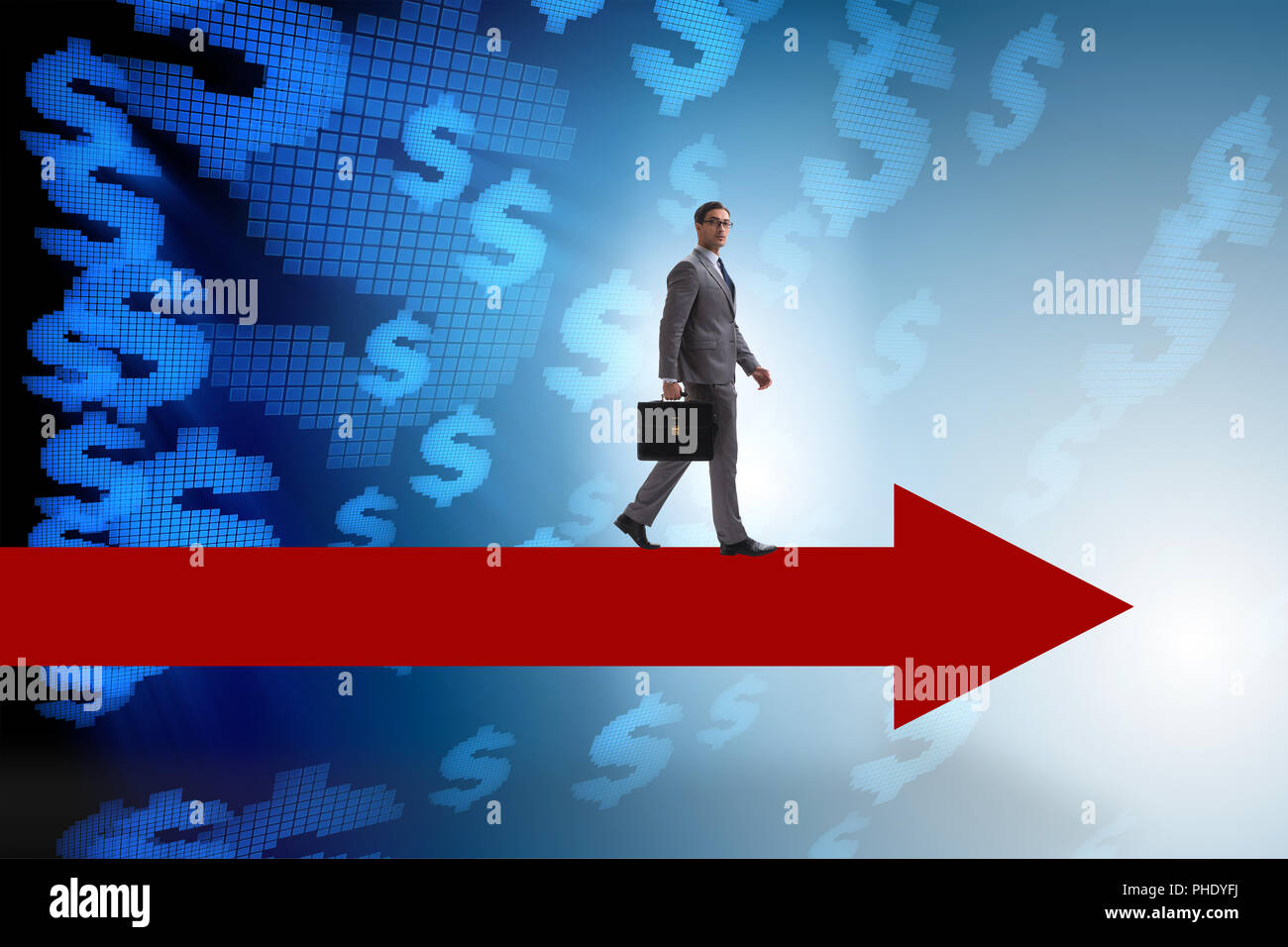 Businessman with dollar walking on arrow sign Stock Photo - Alamy