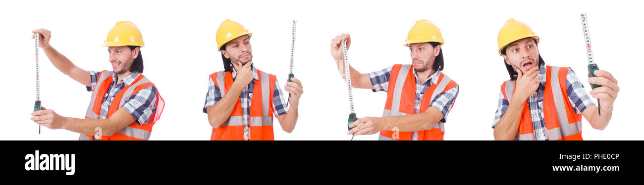 Construction worker with tape-line isolated on white Stock Photo