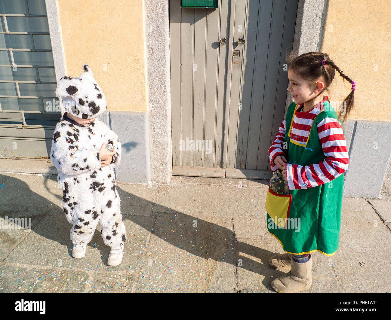 children dressed in carnival costumes on the outside Stock Photo