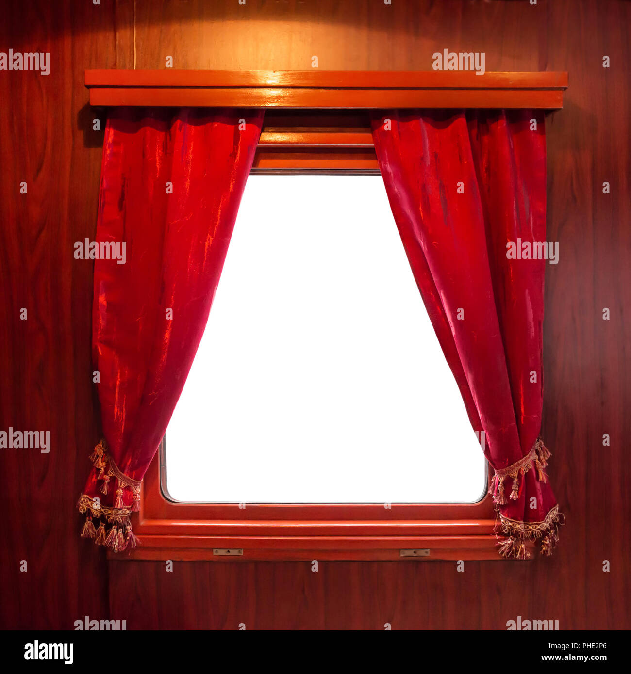 Red curtains on the window Stock Photo