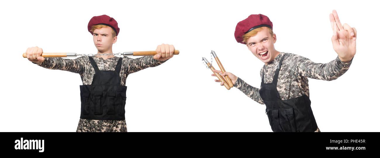 Funny soldier in military concept isolated on the white Stock Photo
