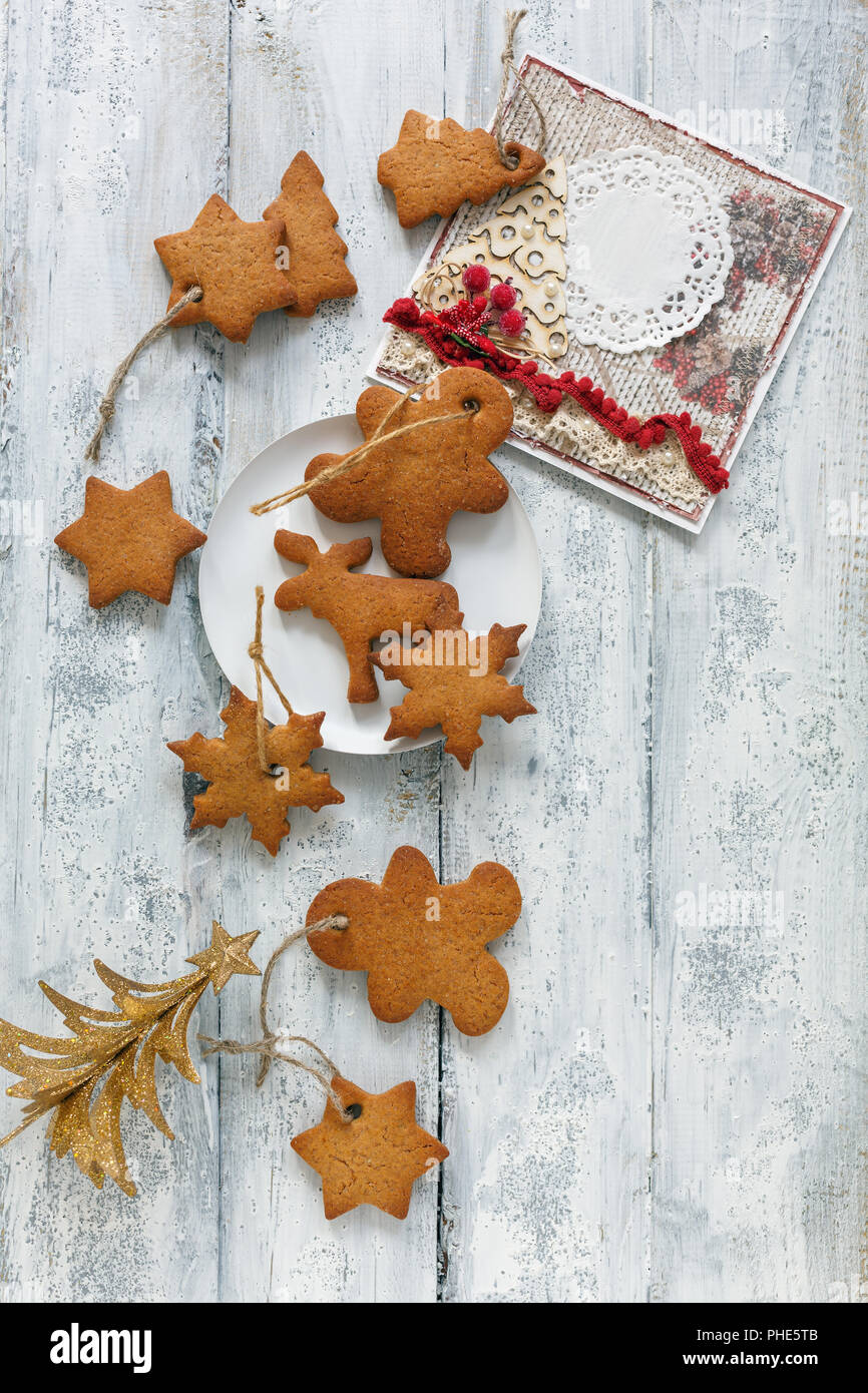 Christmas cookies,tree and greeting card. Stock Photo