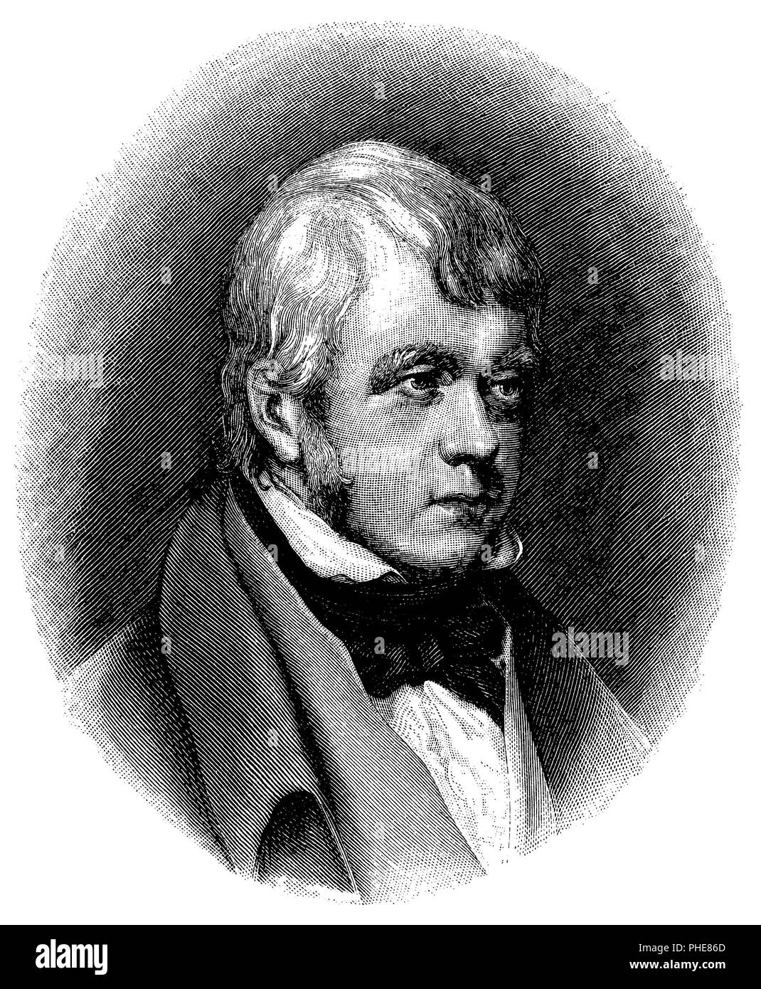 Walter Scott. After the engraving by W. Find, Stock Photo