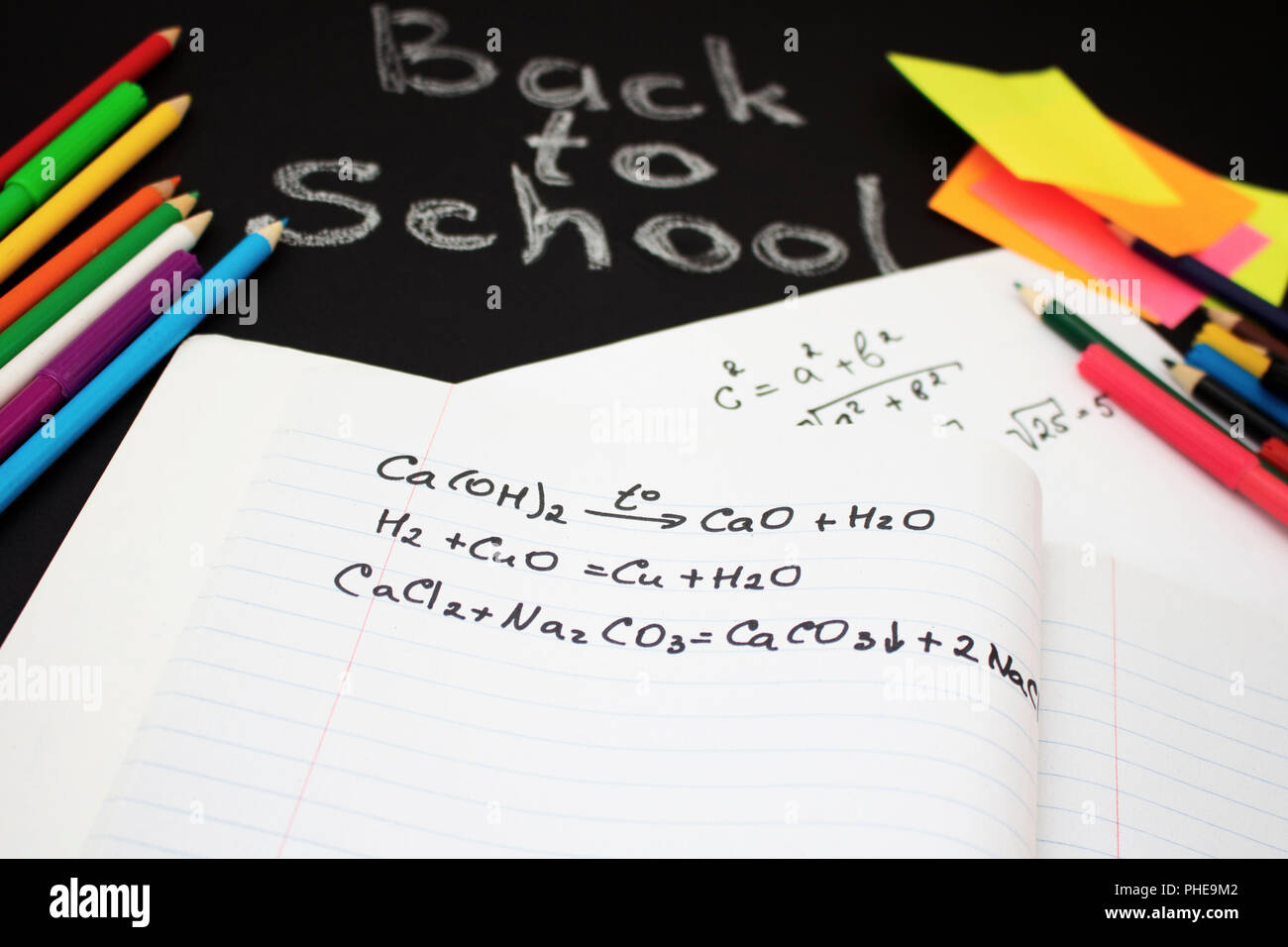 Note On Back Back to school flat lay. Colour pencils, stickers and lesson notes on ...