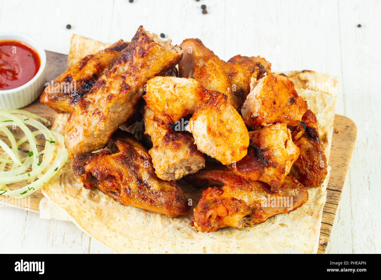 Meat kebab mix plate chicken wings, pork, beef Stock Photo Alamy