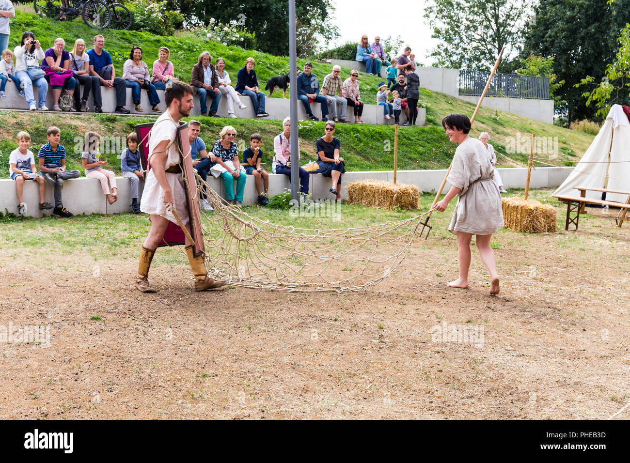 Gladiators training - Roman re enactment at Zülpich - 26th of August 2018 - Zülpich, North Rhine Westphalia, NRW, Germany, Europe Stock Photo