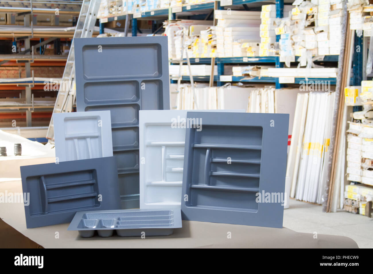 Organizer for utensils. Shelf for plates. Bar shelf for wine glasses to the kitchen. Furniture accessories. Built in equipment. Stock Photo
