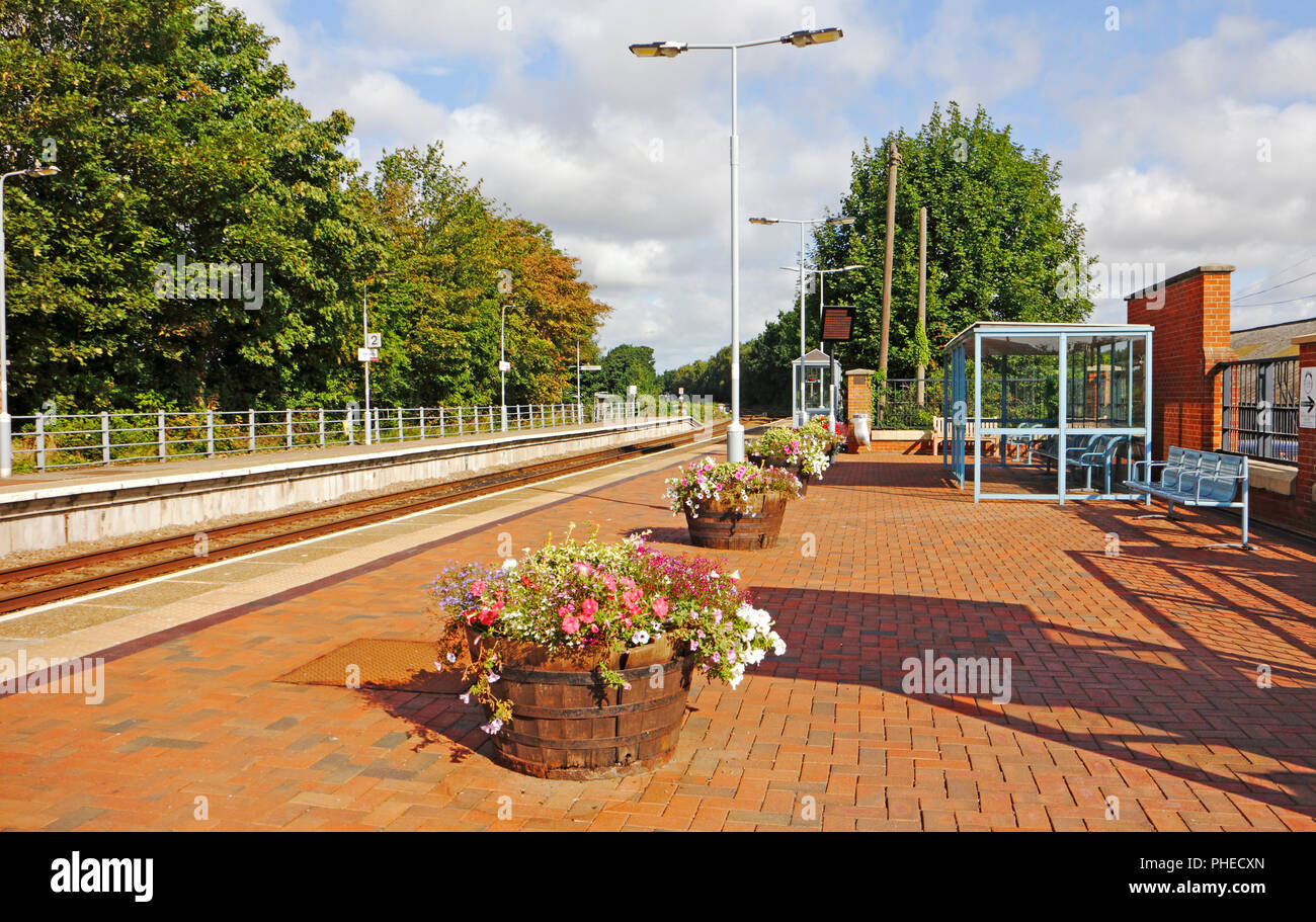 A view of the waiting area on the unmanned railway station at North Walsham, Norfolk, England, United Kingdom, Europe. Stock Photo