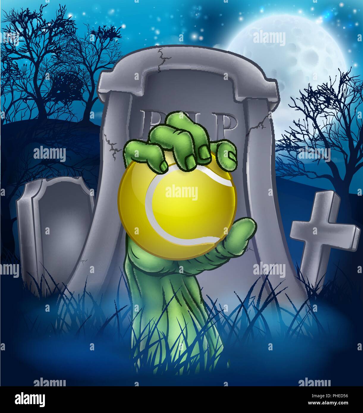 Tennis Zombie Halloween Graveyard Concept Stock Vector