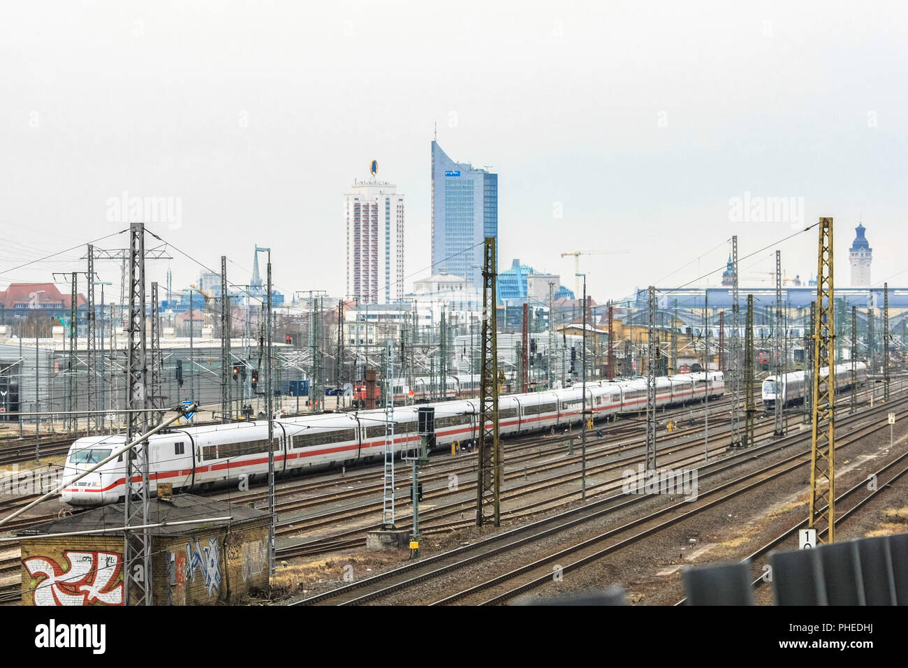 Trains in Front of Leipzig Central Station Stock Photo