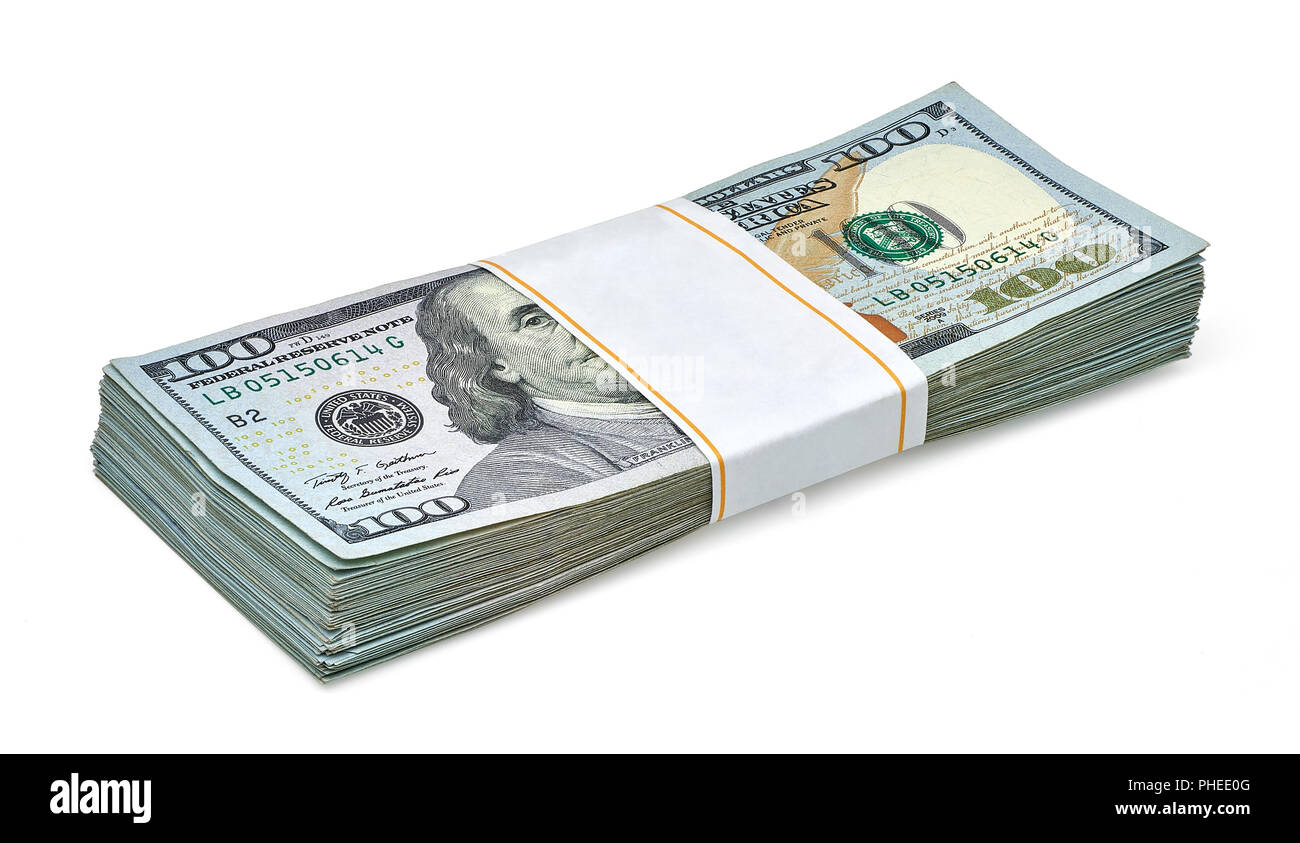 New 100 hundred bucks dollar bills isolated on white background Stock