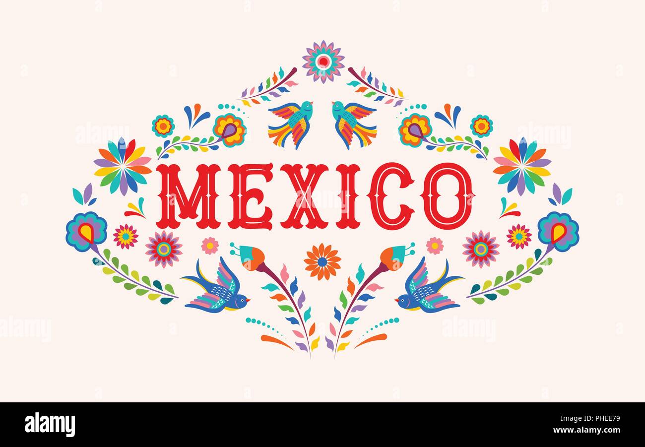 Mexico background, banner with colorful Mexican flowers, birds and