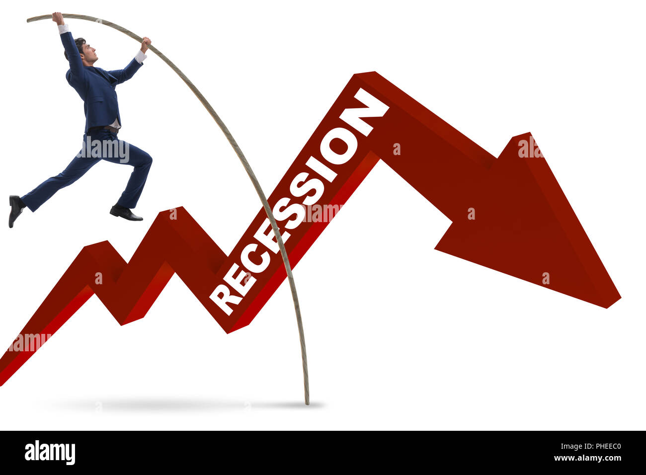 Businessman pole vaulting over crisis in business concept Stock Photo