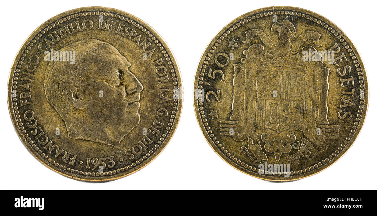 Old Spanish coin of 2,50 pesetas, Francisco Franco. Year 1953, 19 54 in the stars. Stock Photo