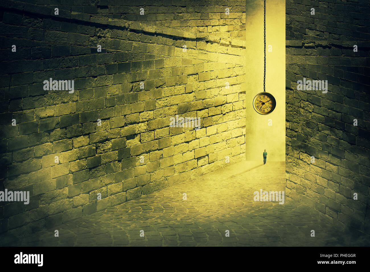 Surreal view as a man enter in a huge maze with stone walls and a