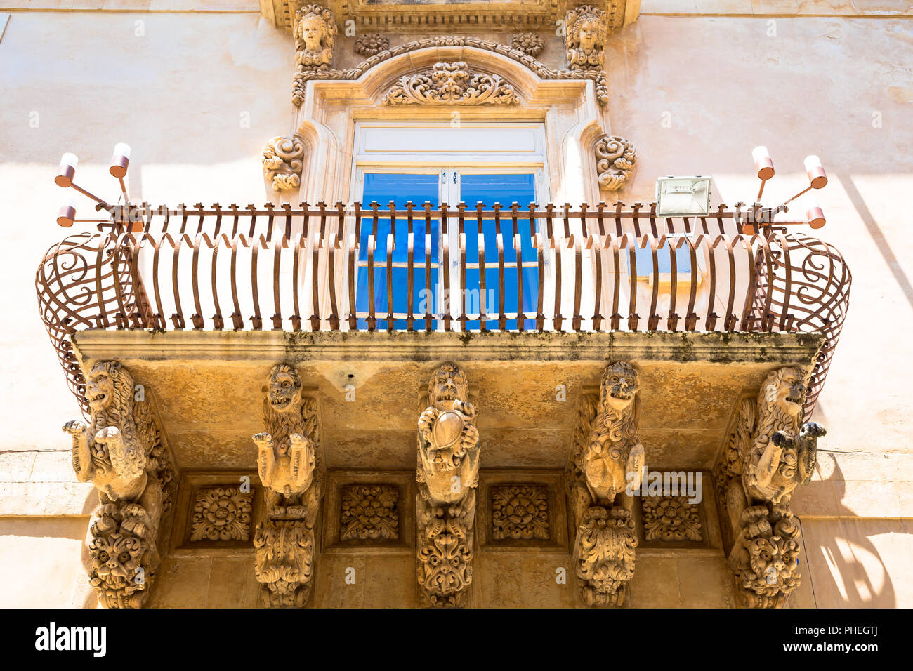 NOTO, ITALY - Detail of Baroque Balcony, 1750 Stock Photo