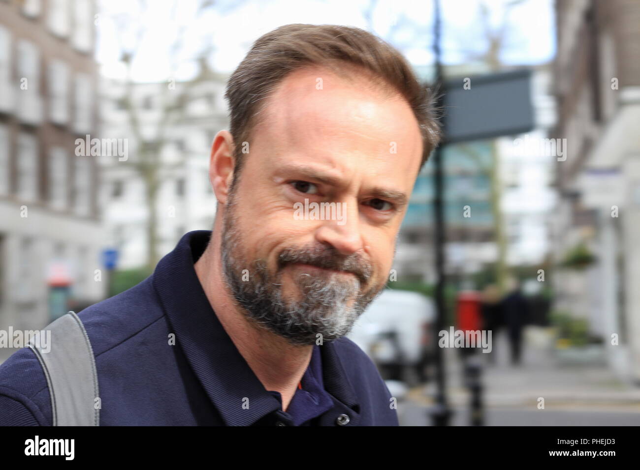 Jamie Theakston in Sloane street, London . TV programme Forbidden History on Yesterday TV Channel. The Dead Sea Scrolls. The real James Bond. Traffic cops. Stock Photo