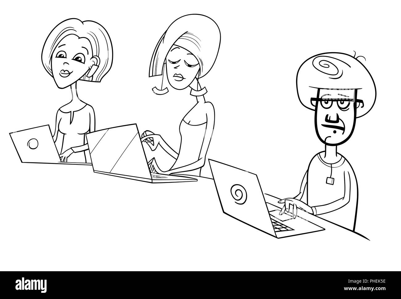 people working on laptops cartoon illustration Stock Photo