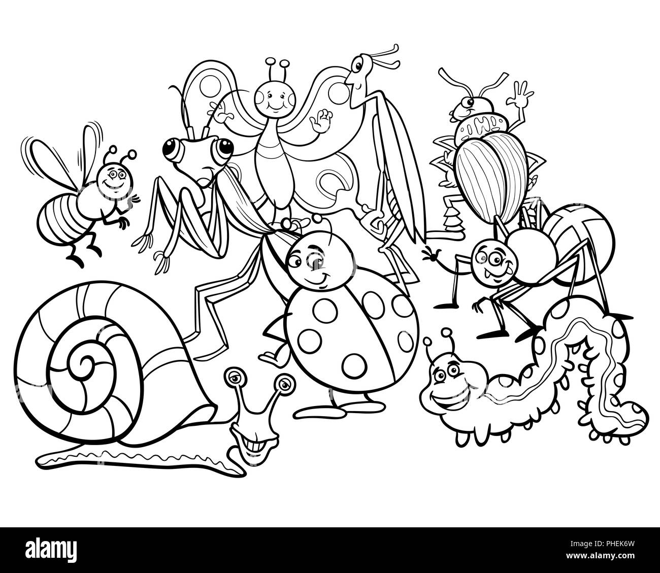 cartoon insects animal characters coloring book Stock Photo