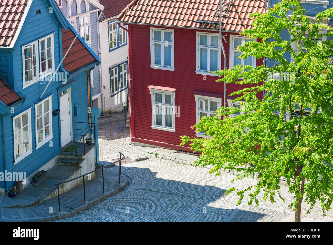 Street alley with houses in Bergen, Norway Stock Photo