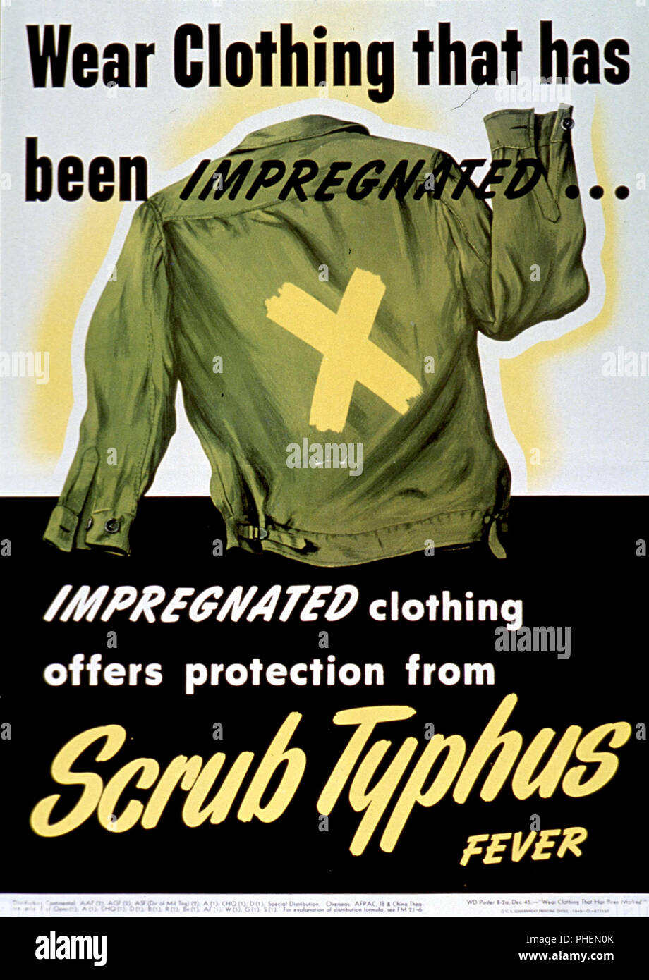 Wear clothing that has been impregnated-- impregnated clothing offers protection from scrub typhus fever ca. 1945 Stock Photo