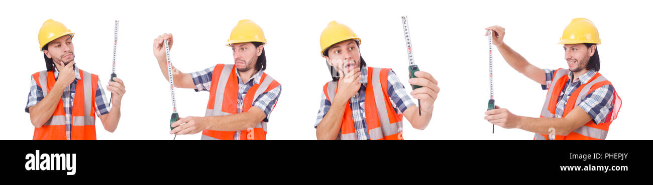 Construction worker with tape-line isolated on white Stock Photo