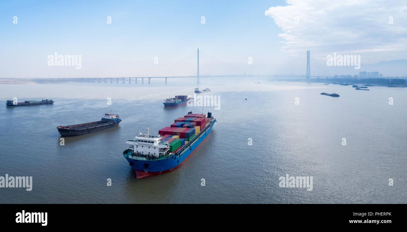 container ships on yangtze river , water transport concept Stock Photo