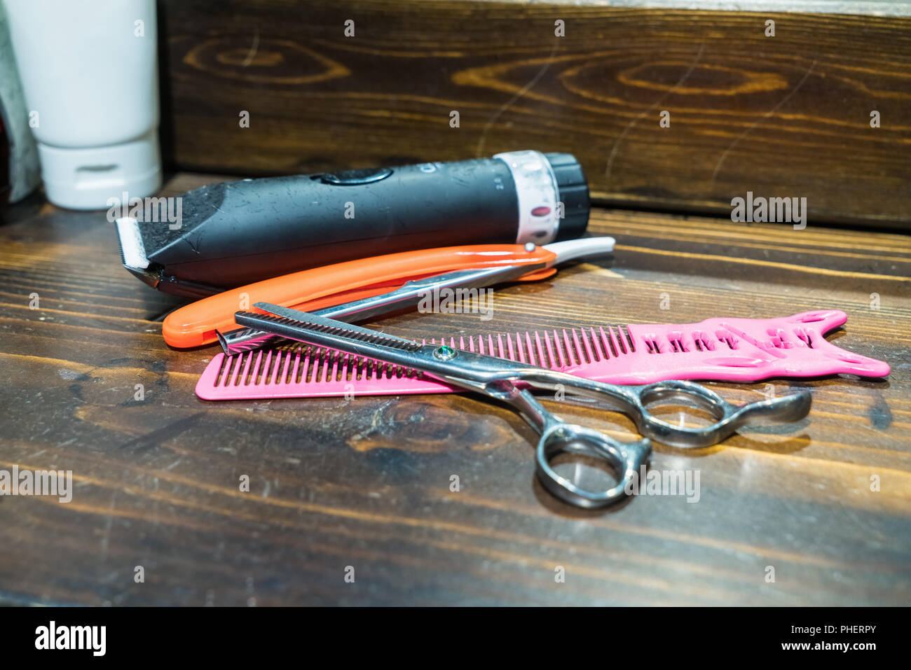 barber tools on wooden table Stock Photo