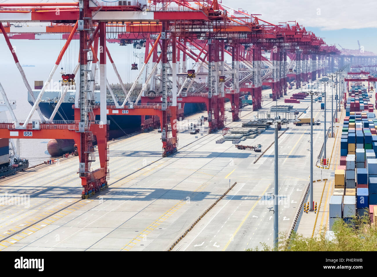 shipping container terminal closeup Stock Photo