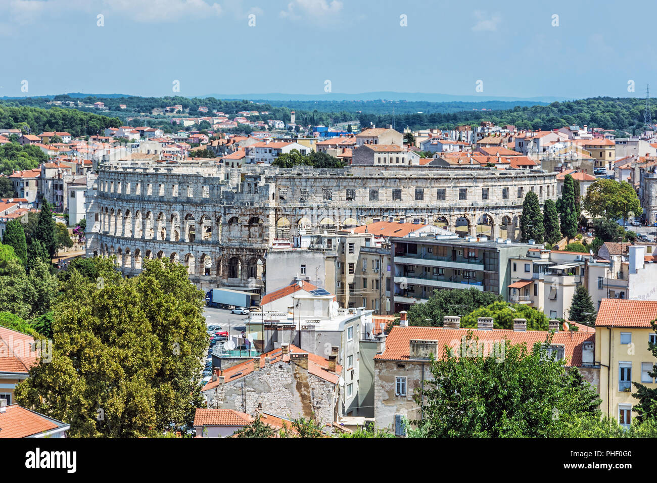 Pula Arena - ancient amphitheater located in Pula, Istria, Croatia. Travel destination. Famous object. Stock Photo