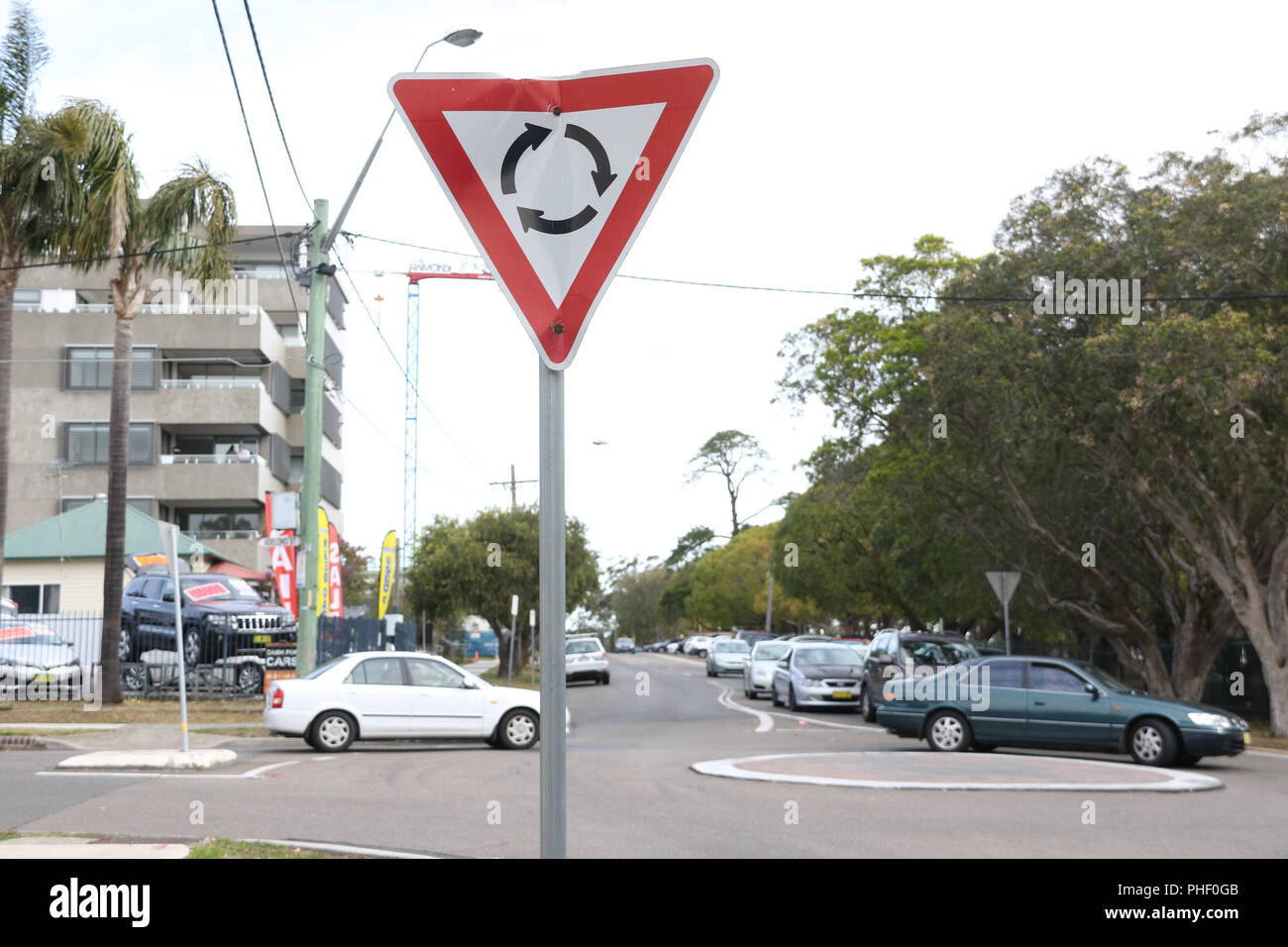 Give Way at Roundabout road sign at the junction of Adelong Street and