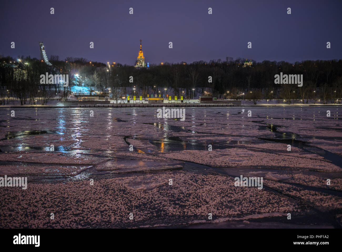 Night view of Moscow river in ice Stock Photo