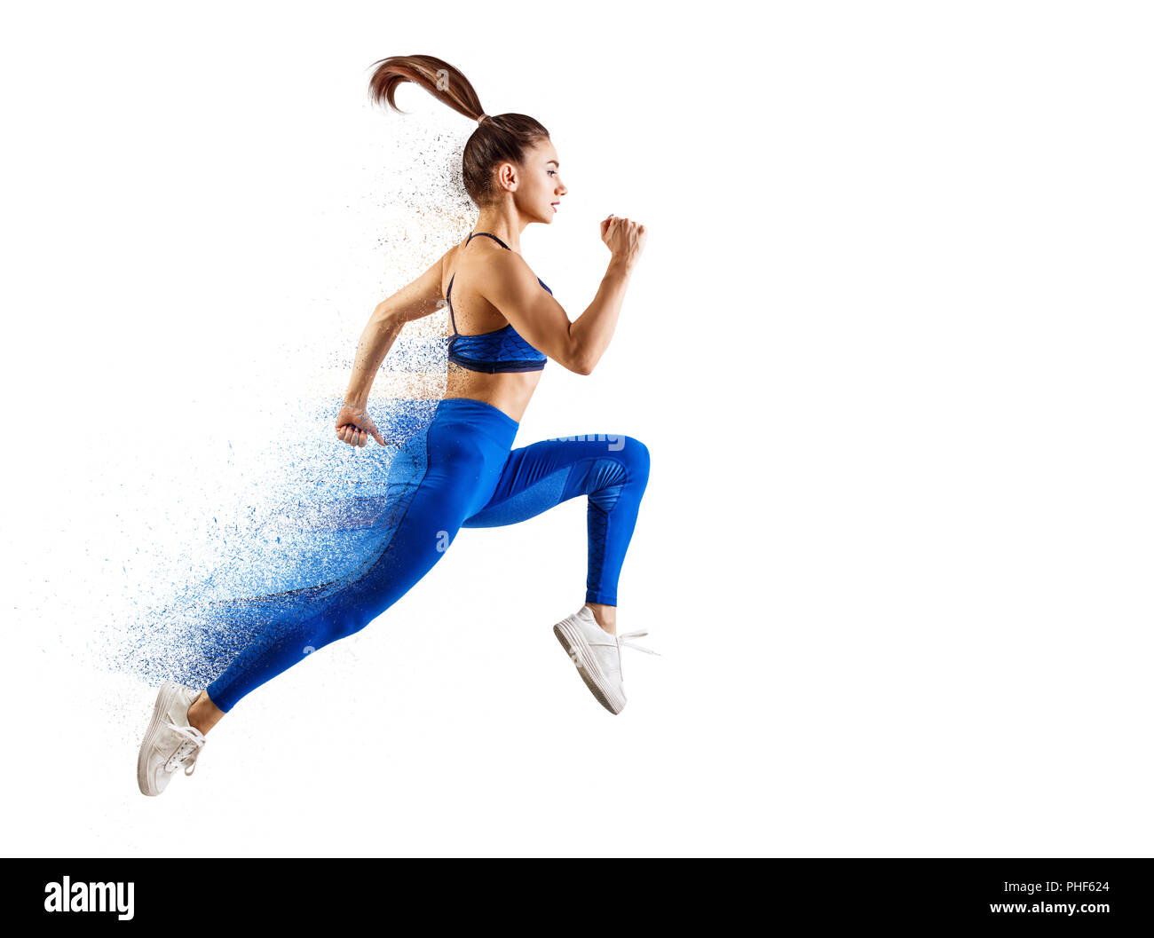 Very speed athletic caucasian woman running with trail. Stock Photo