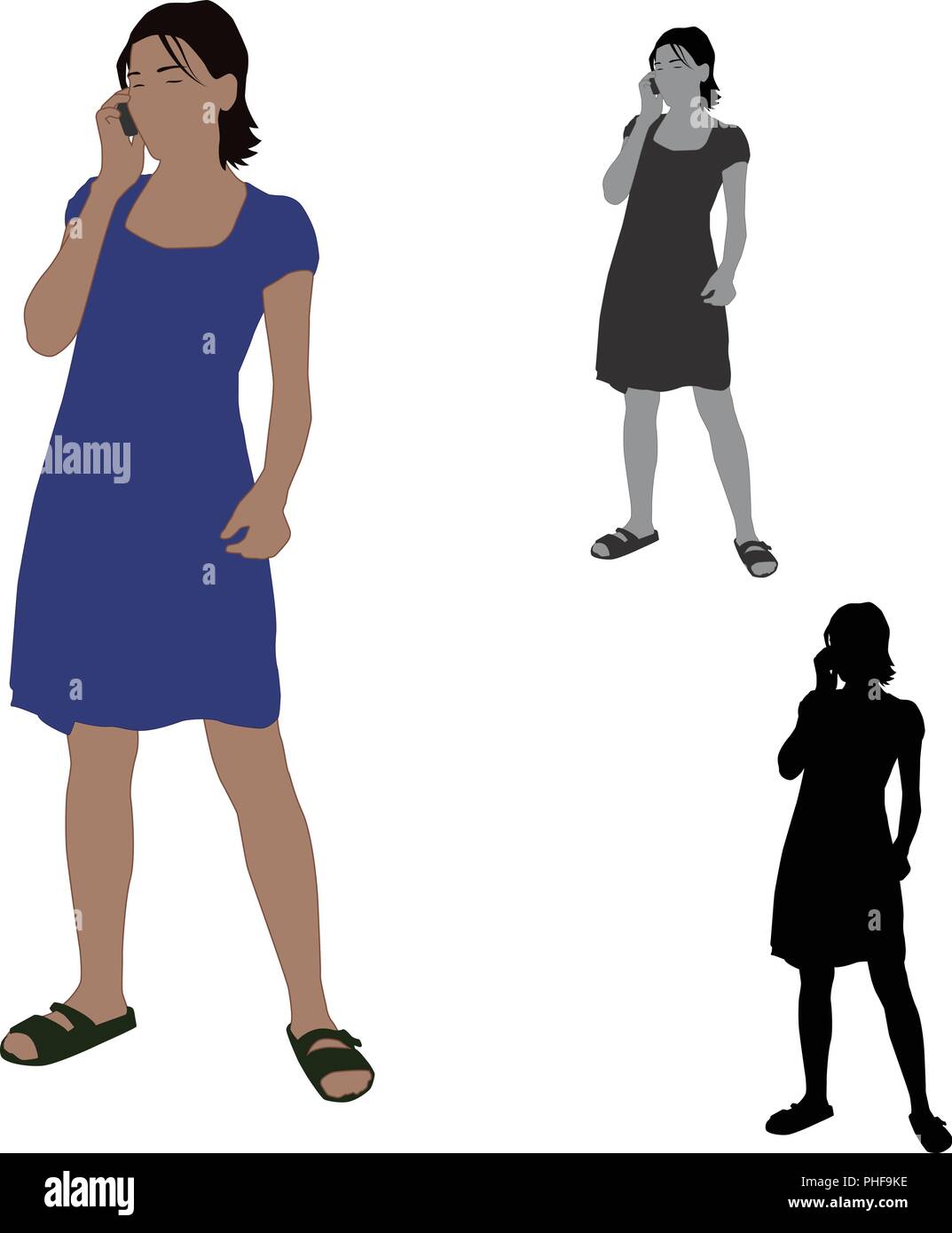 Realistic flat colored illustration of a woman talking on a mobile phone Stock Vector