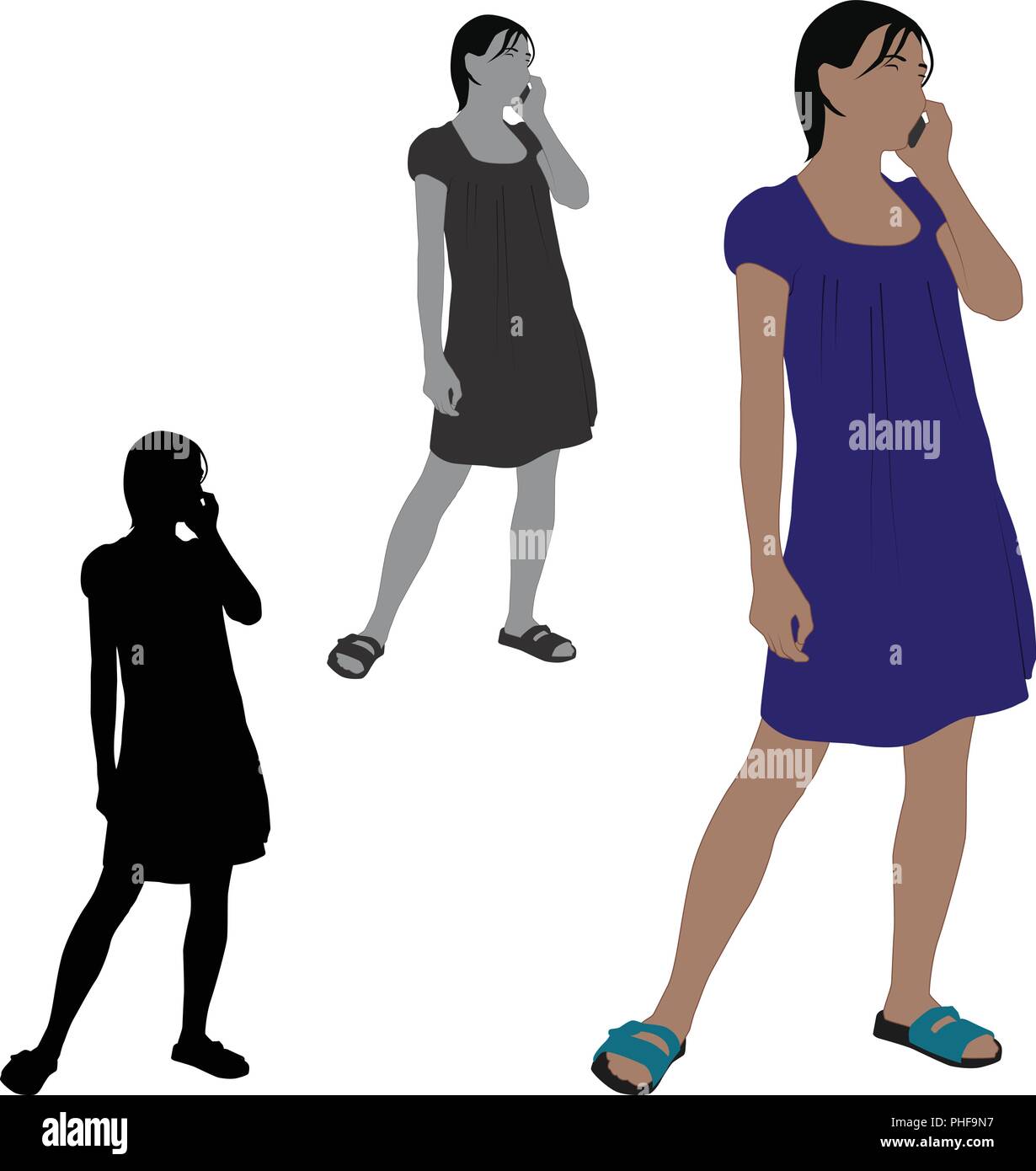 Realistic flat colored illustration of a woman talking on a mobile phone Stock Vector