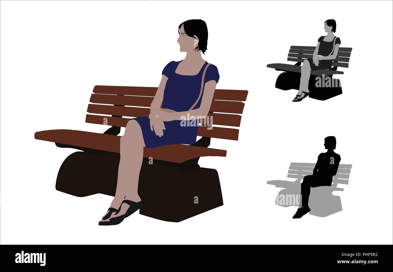 Realistic flat colored illustration of a casual woman sitting a bench in Park Stock Vector