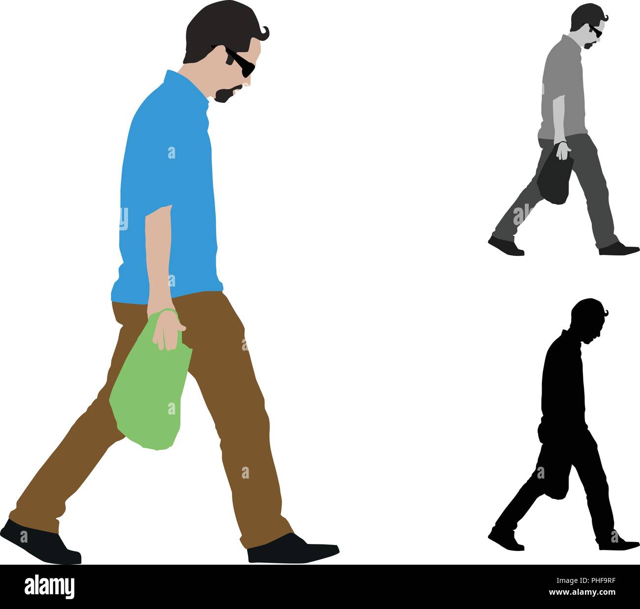 Realistic flat colored illustration of a  man walking with a shopping bag Stock Vector