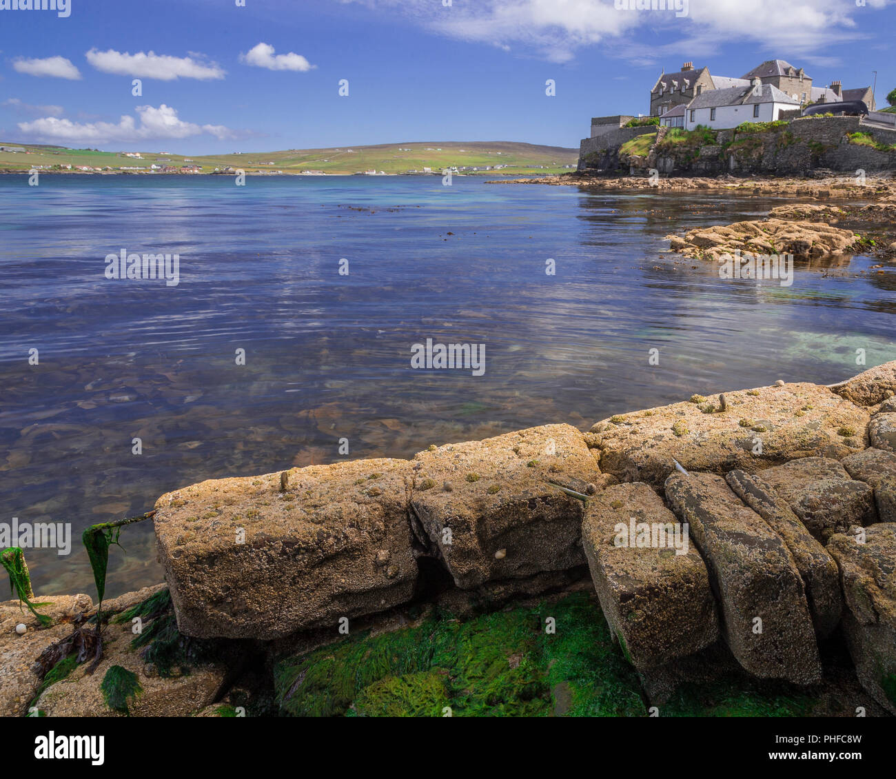 Seafront houses at Lerwick on the Shetland Isles, Scotland on a sunny