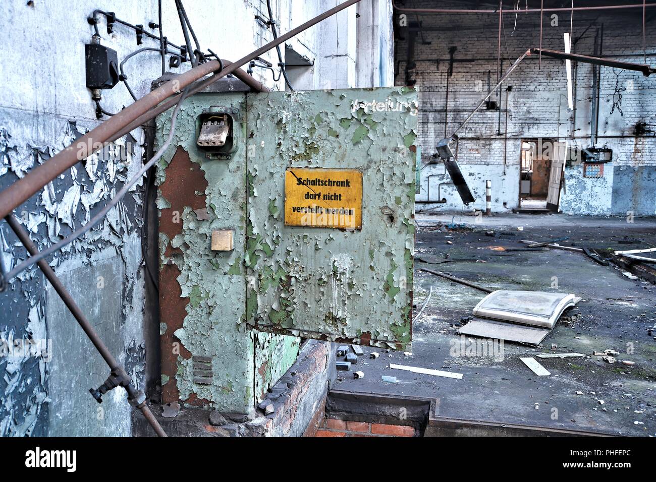 Fuse box in an abandoned factory building in Magdeburg - Stock Image