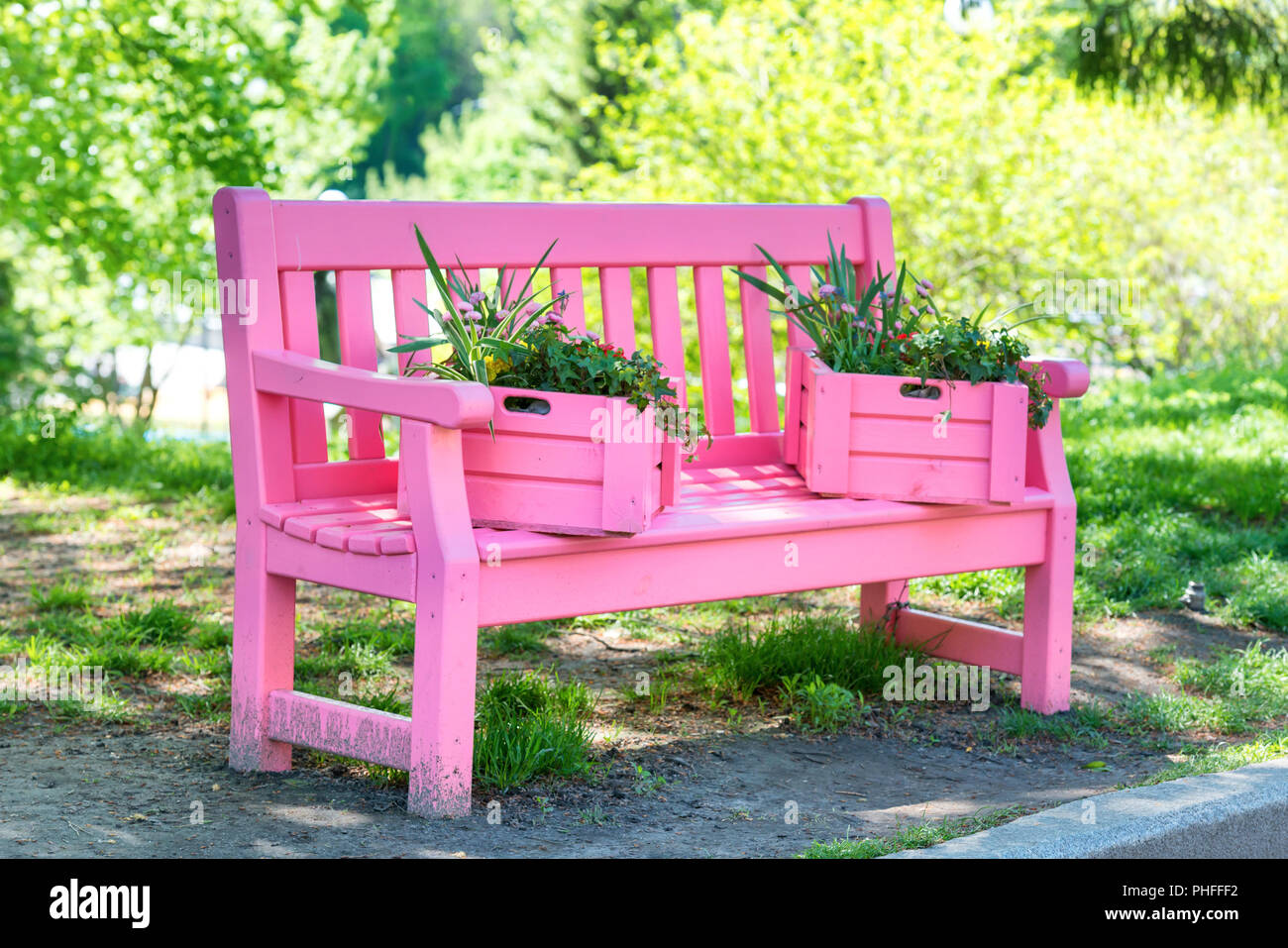 Pink bench in the green park Stock Photo