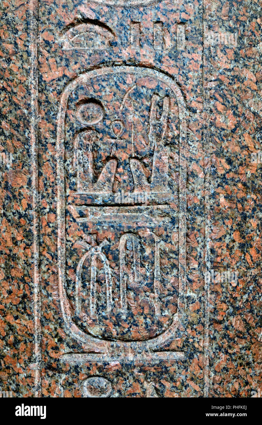 Egyptian hieroglyphs cartouche on a palm-leaf column of Ramesses II. British Museum, Bloomsbury, London, England, UK. Stock Photo