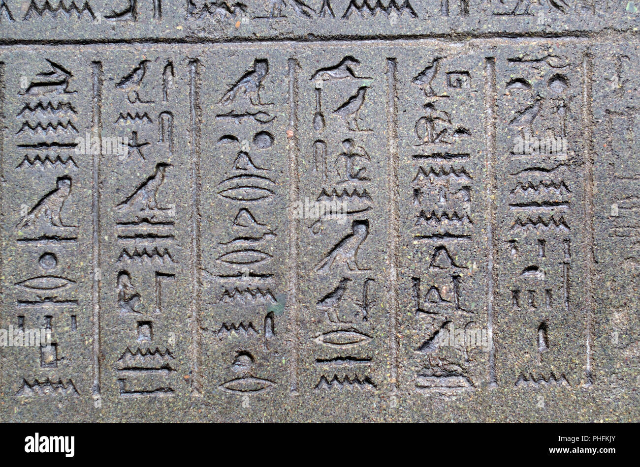 Egyptian hieroglyphs on the Sarcophagus of Nectanebo II, Egypt's last native pharaoh. British Museum, Bloomsbury, London, England, UK. Stock Photo