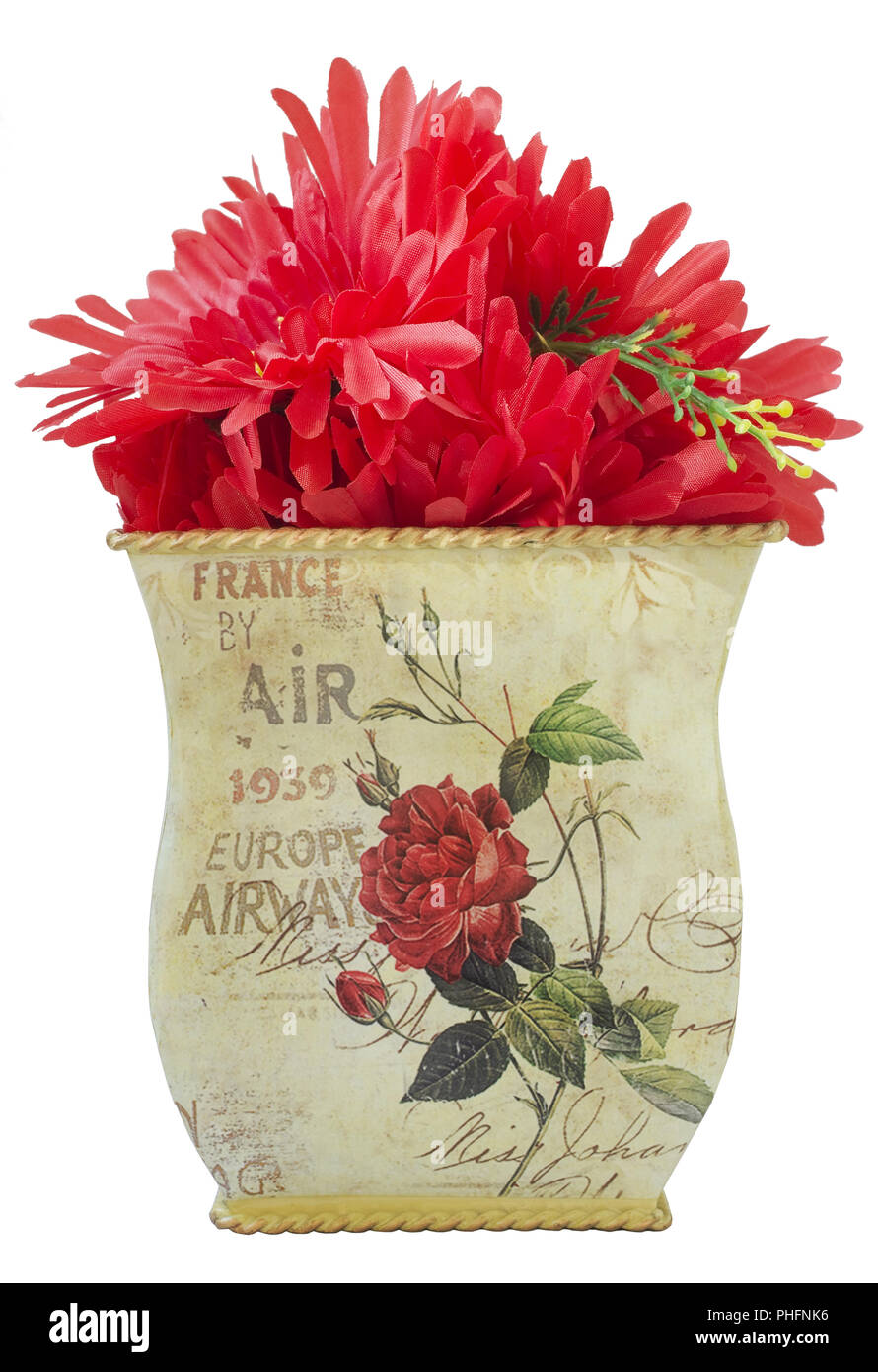 Tin vase with red flowers Stock Photo Alamy