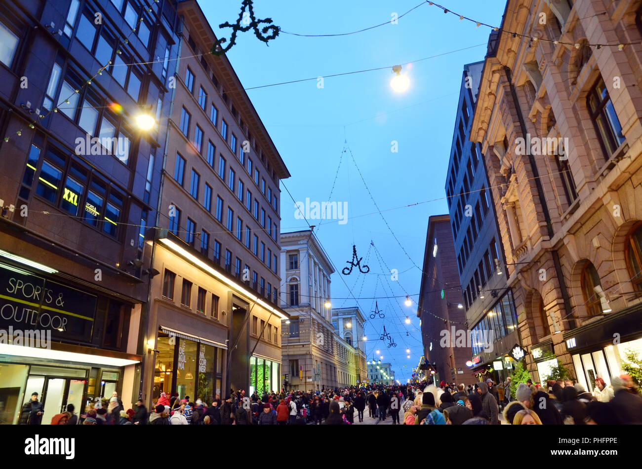 Sunday November night in the commercial center of Helsinki Stock Photo