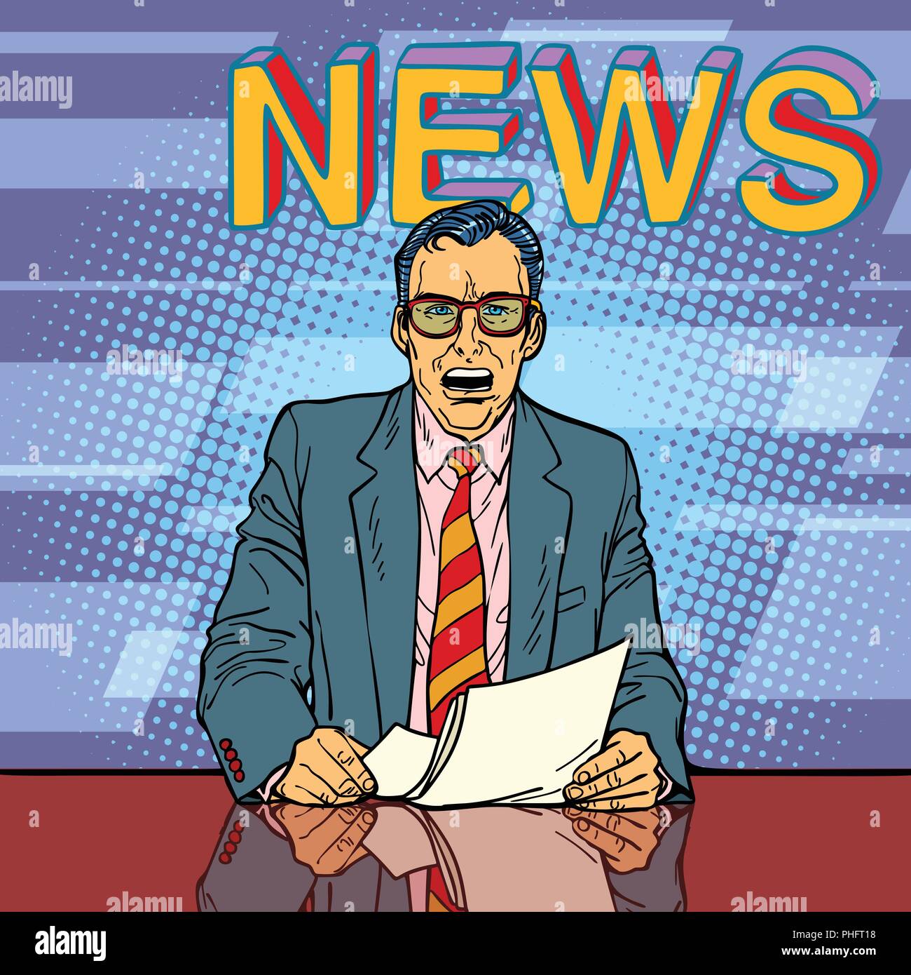 Male news anchor. Comic cartoon pop art retro vector illustration