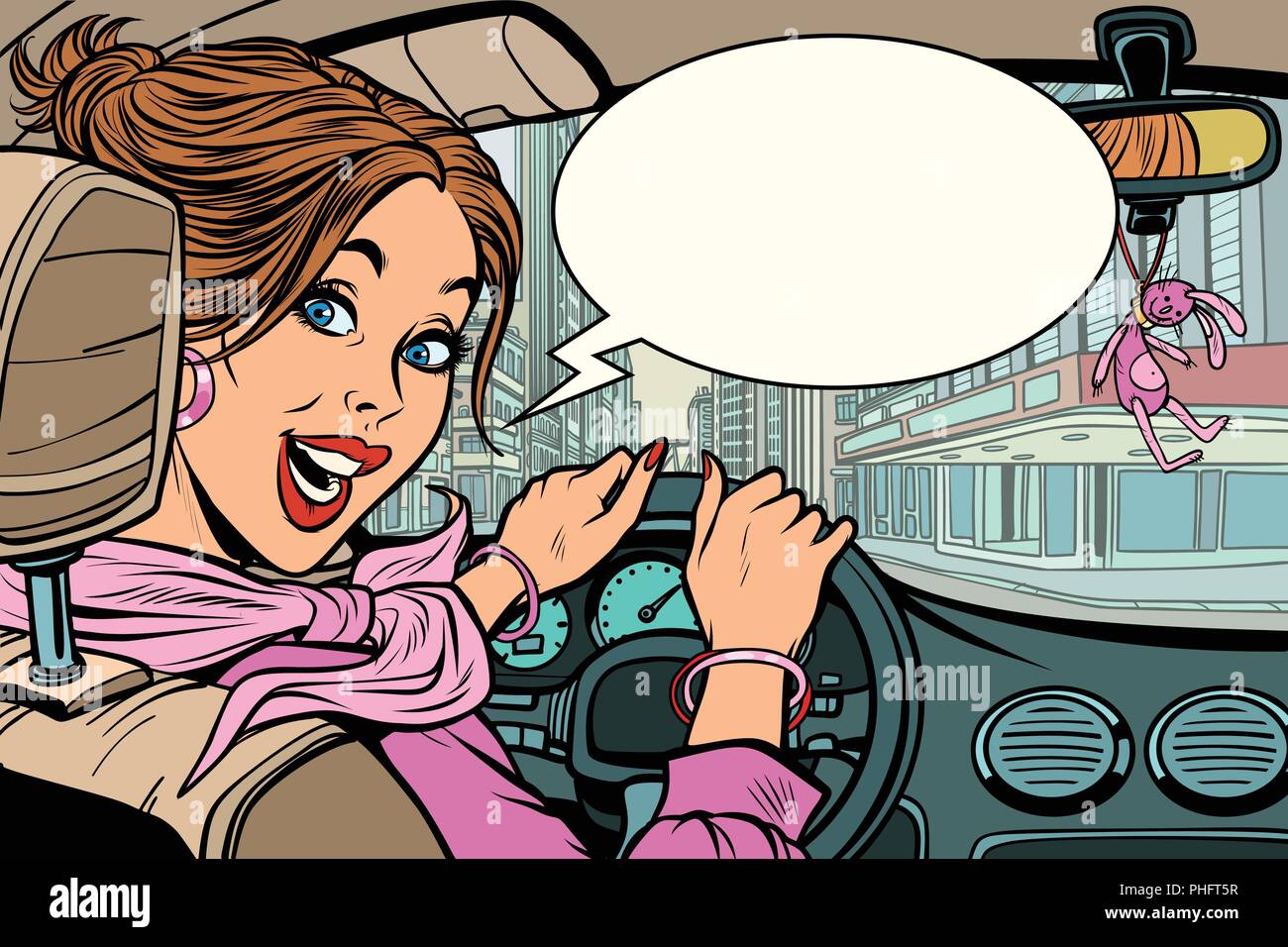 Joyful woman behind the wheel of a car. Comic cartoon pop art retro vector illustration drawing Stock Vector